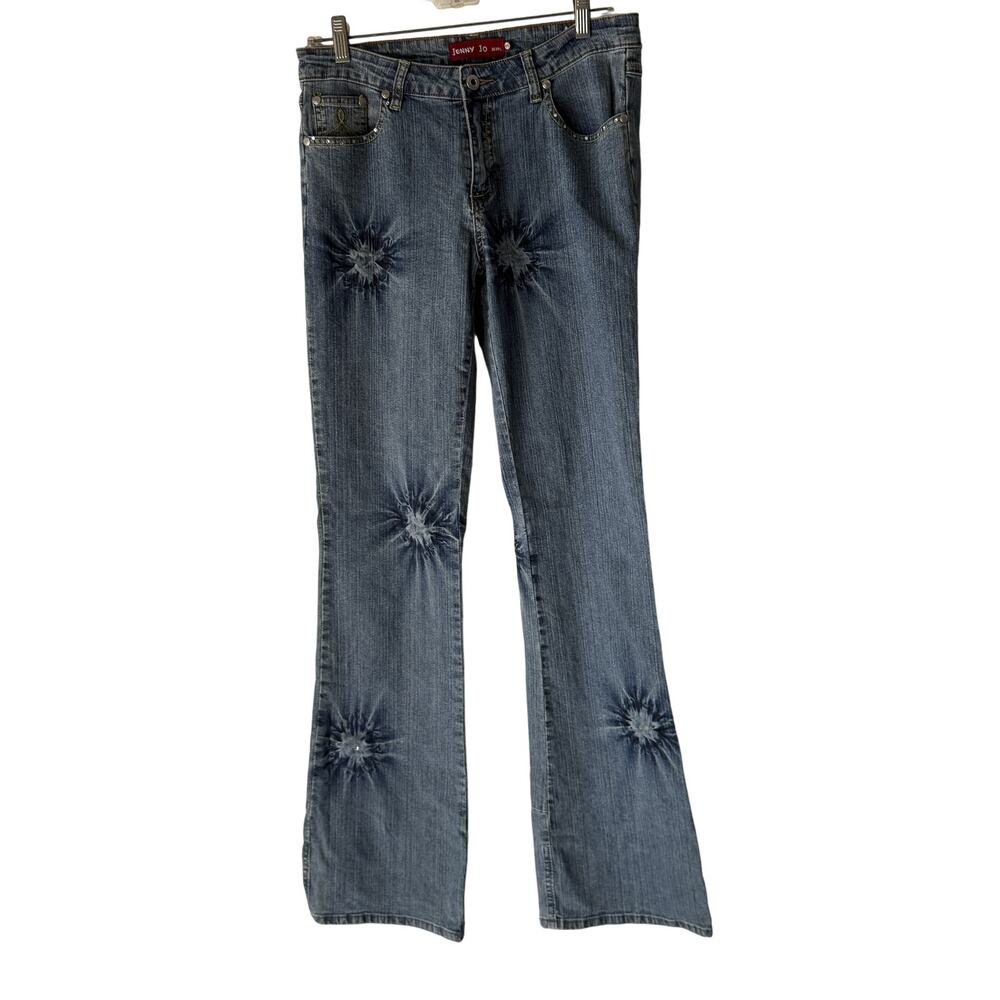 Jenny Jo Jeans Womens 9 Blue Flare Tie Dye Starburst Distressed Stretch Y2k Boho